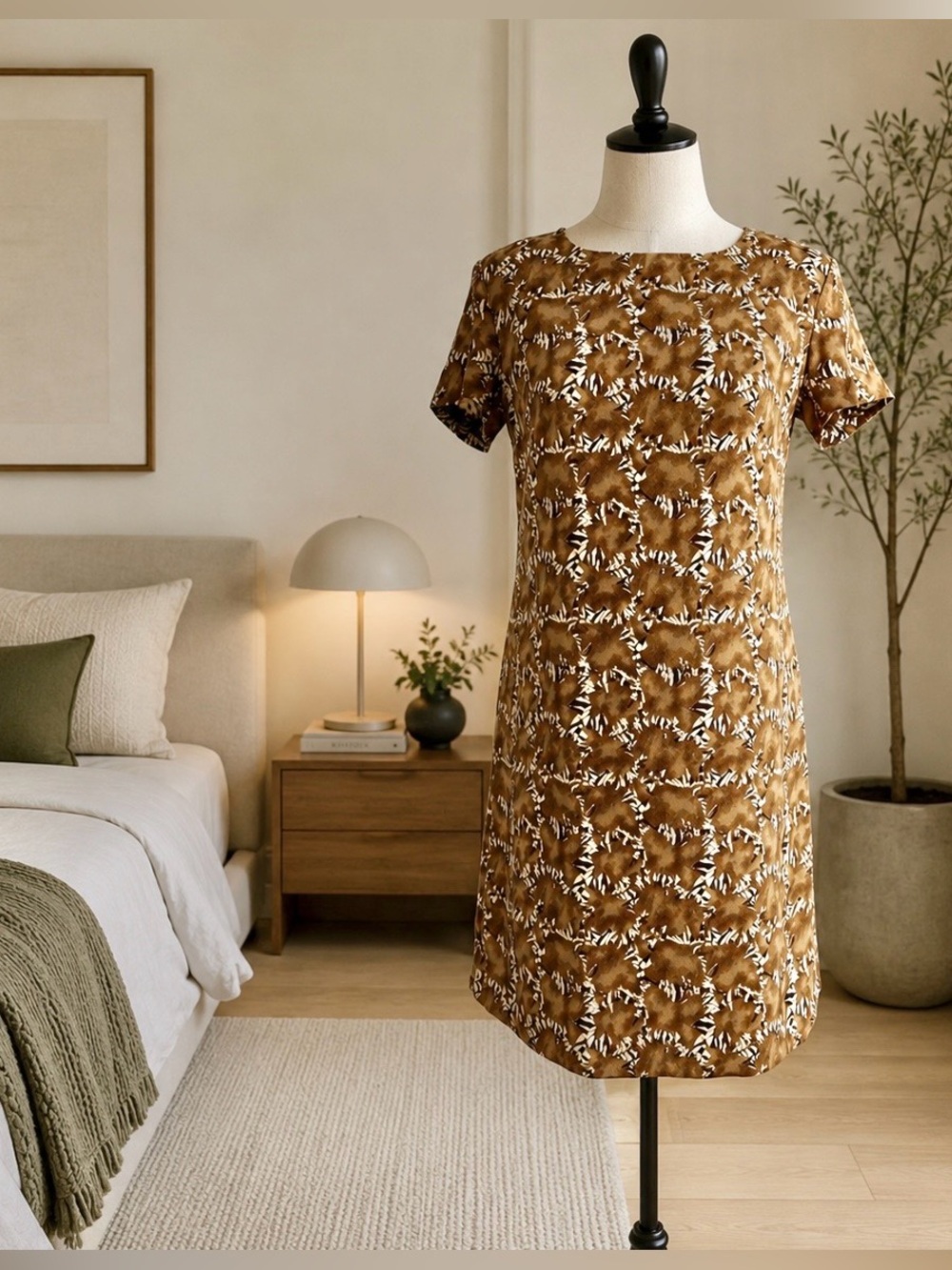 VTG 70s EATON Essentials Brown Art Deco Print Dress - S